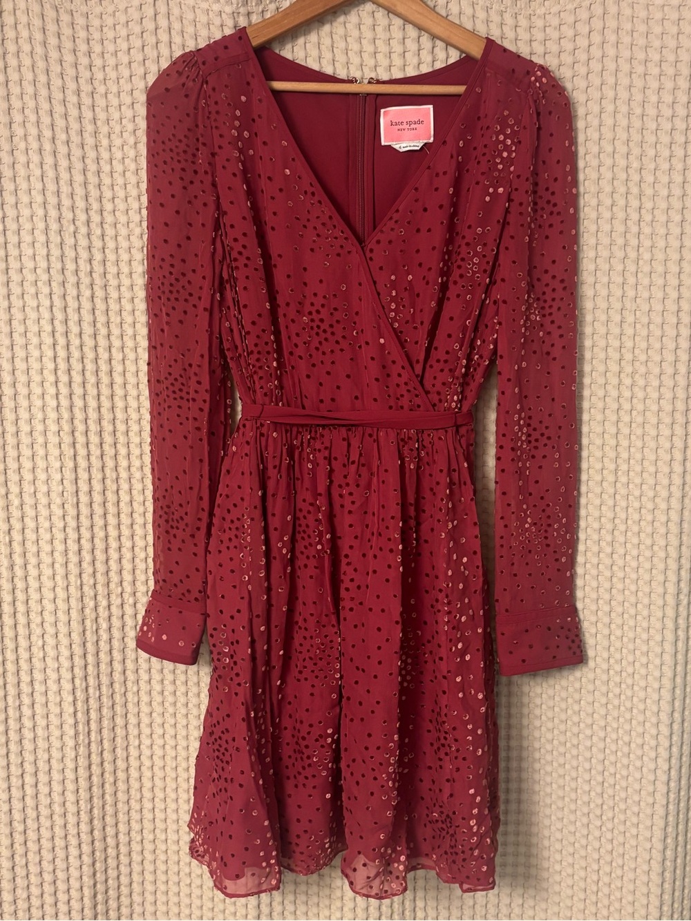 Kate Spade Maroon Festive Confetti Devore Long-Sleeve Mini Dress Size 6 - Picture 2 of 12